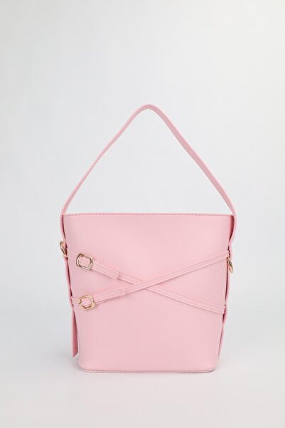NOTHING Women's Pink Double Belt Detailed Bucket Model Hand Shoulder Crossbod...