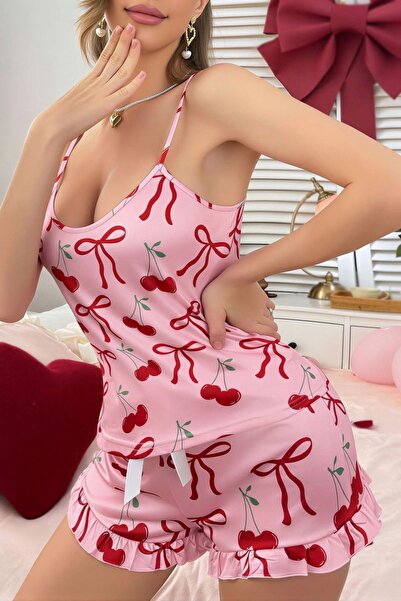 DNR İç Giyim Kiraz Desenli Kadın Şortlu Takım Pembe