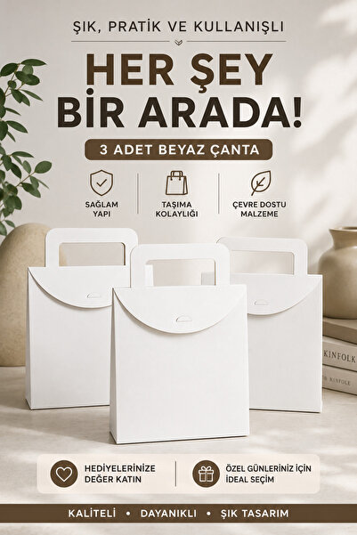 ASL ArtPaper 3 Adet Beyaz Çanta Kutu 20x25x10 cm | Saplı Hediyelik Kutu Çanta...