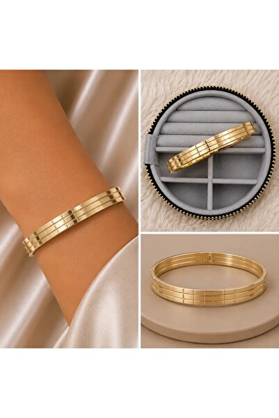 MK Minimal Çizgi Detaylı Gold Kelepçe Bileklik