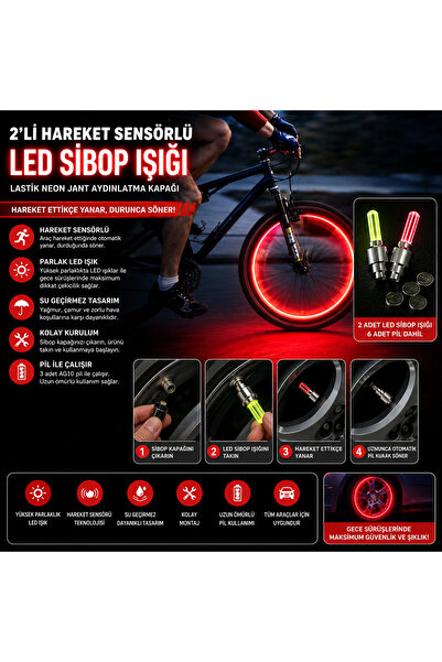 Mersi SHOP 2'li Hareket Sensörlü LED Sibop Işığı Araç Lastik Neon Jant Aydınl...