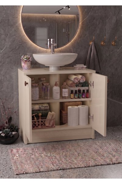 EGN WOODS Kum Beji Lavabo Altı Banyo Dolabı - 2 Kapaklı 2 Bölmeli Modüler Depolama Dolabı