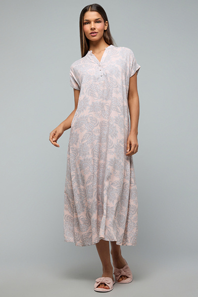 R&B Printed Nightgown with Stand Collar and Short Sleeves