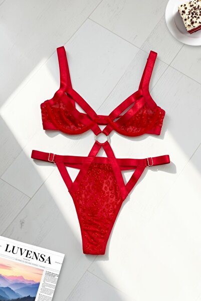 Luvensa Kırmızı Simli Leopar Desenli Çıtçıtlı Bodysuit Babydoll