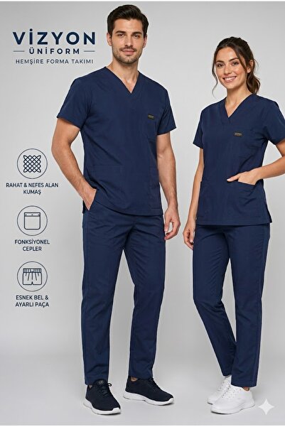 VİZYON UNIFORM Exclusive Lycra Lacivert Likralı Unisex Hemşire Forması medika...