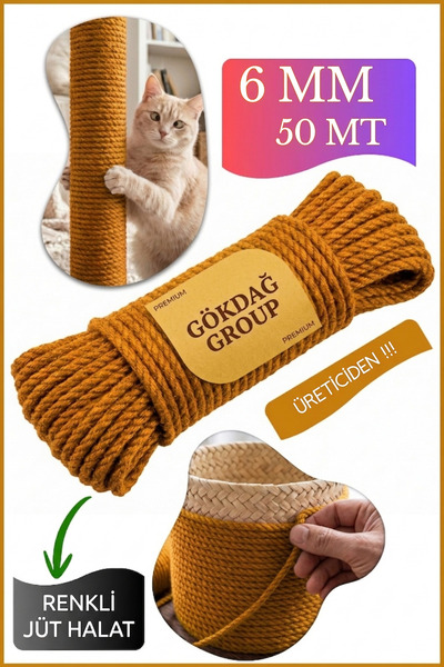 GÖKDAĞ GROUP Renkli Kedi Tırmalama Halatı Jüt İp 6 MM 50 Metre Altın Sarısı