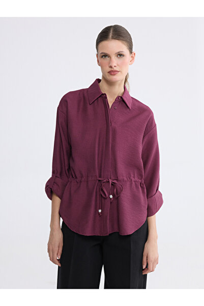 LC Waikiki Burgundy Women's Shirt with Gathered Waist