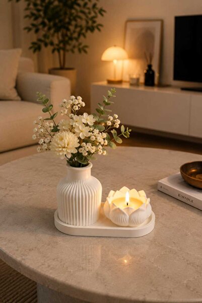 NİVORA HOME Lotus Mumluk ve Koku Çubuğu Vazo Seti Dekoratif Tepsili Ev Salon ...