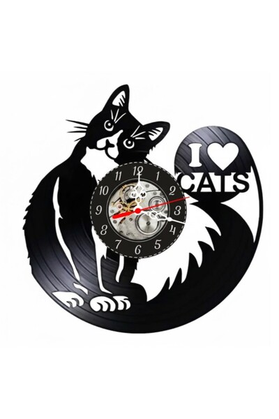 OEM Ceas de perete decorativ I Love Cats, realizat din disc de vinil reciclat...