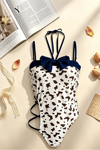 Generic Cross Strap Bow Halter Women Babydoll Bodysuit Cow Print Kawaii Hollo...