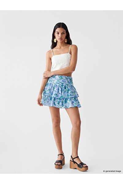 LC Waikiki Blue Zippered Waist Floral Ruffled Mini Skirt