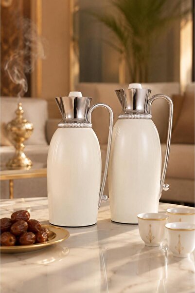 Generic طقم ترامس ابيض بتصميم بيضاوي فريد ومقابض فضية جذابة بسعة (1 لتر + 0.7...