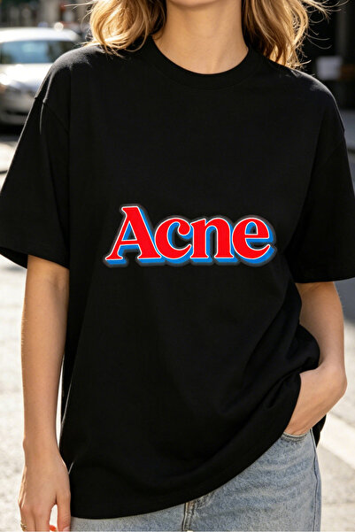 Fleck Womens T Shirts Acne Logo Print Oversized Casual Streetwear Style Black...