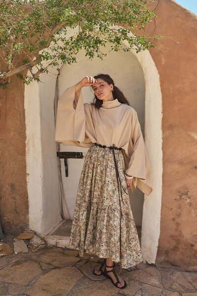 Ceylan Otantik Caramel Floral Asymmetric Skirt