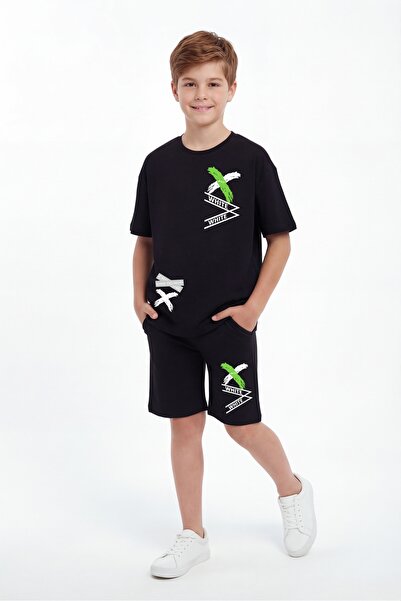 panios kids Round Neck X White Print Detailed Summer Boys' Top and Bottom Set