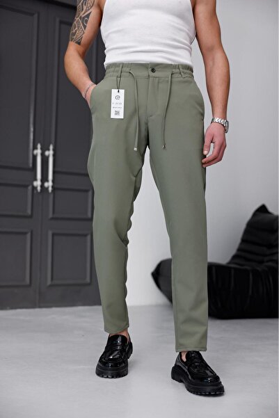 MODAMESTO Men's Khaki Relaxed Fit Elastic Waist Lace-Up Jogger Fabric Trouser...