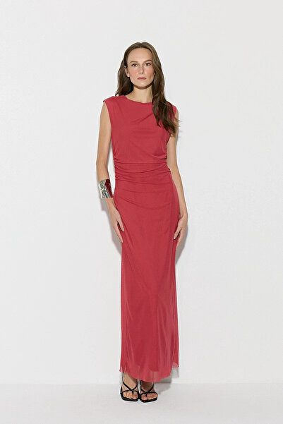 Gusto Boat Neck Gathered Long Tulle Evening Dress - Red