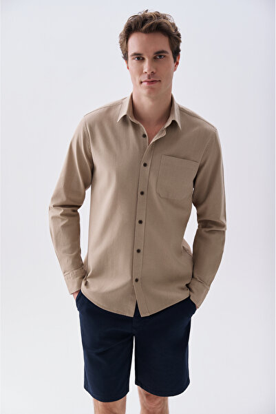 Mudo Men's Beige Regular Fit Long Sleeve Shirt