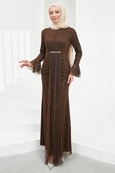 İmajButik Brown Lace Evening Dress with Flounces and Stones on the Sleeves