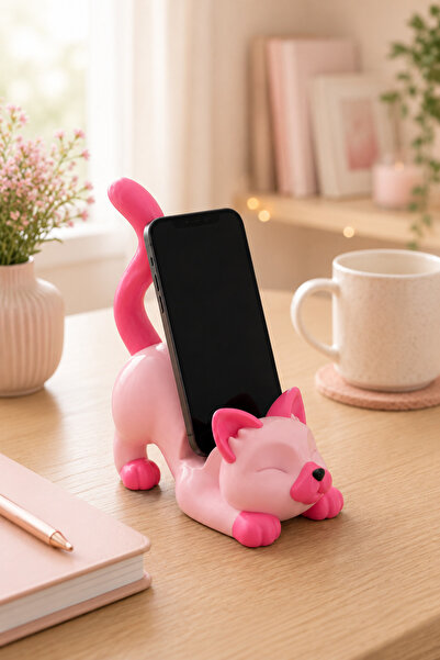 MYCRAFT3D Pembe Kedi Figürlü Telefon Tutucu Stand - 3D Baskı Ofis Masaüstü Ak...