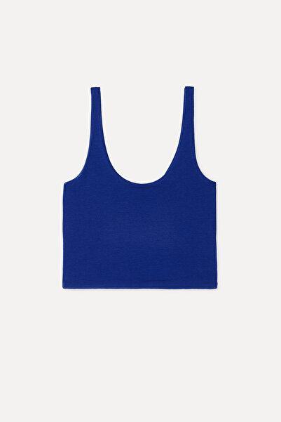 Mudo Women's Blue and White U-Neck Crop Tank Top