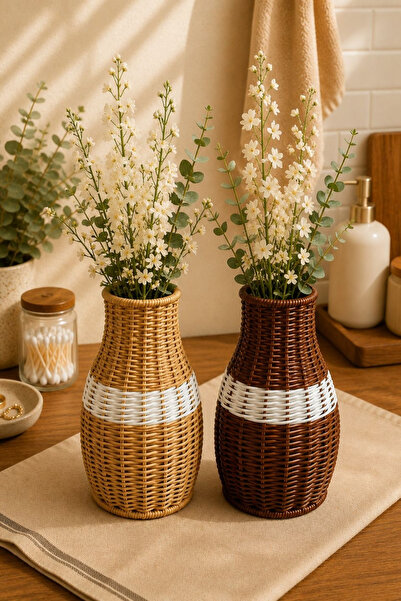 Chefstar HASIR GÖRÜNÜMLÜ DEKORATİF RATTAN VAZO BOHEM EV DEKORASYONU ÇİÇEKLİK