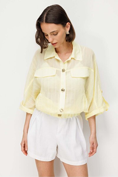 Mixray 4911 Women's Safari Curled Sleeve Lightly Transparent Crop Shirt Yellow