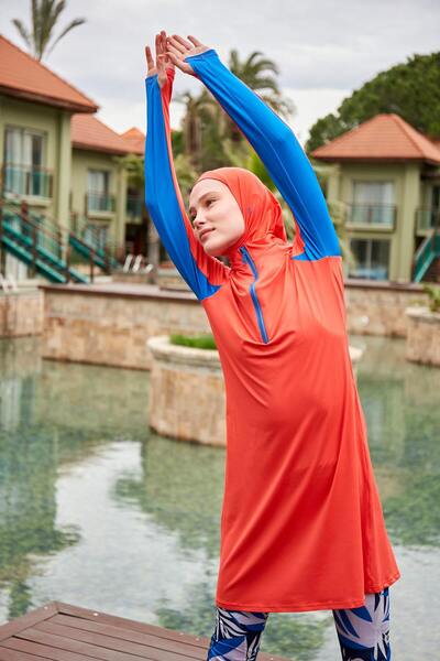 Marina Costum de baie islamic complet acoperit, portocaliu, cu blocuri de cul...