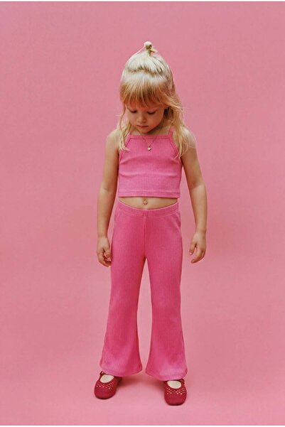 Magu Girl's Pink Ribbed Crop Leggings Set