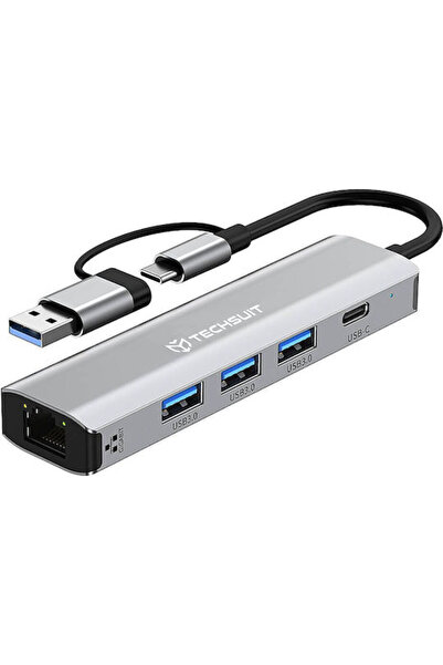 Techsuit Διανομέας USB 5 Θυρών USB 3.0 με σύνδεση USB-C και Ethernet Γκρι Κωδ...