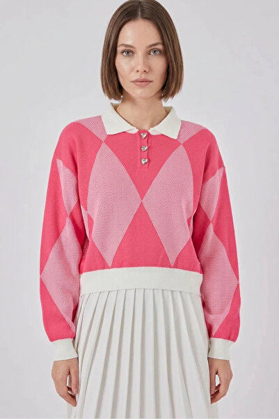 buğrahayalin Women's Shirt Collar Crop Diamond Patterned Knitwear Pink Sweater