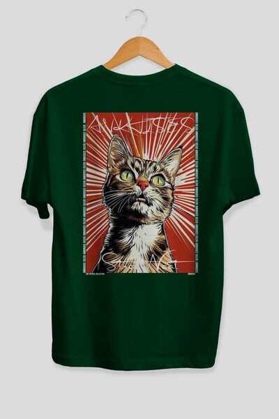 Ankhises For the Love of Cats 60 Cats Printed Green Oversize T-Shirt 100% Cot...