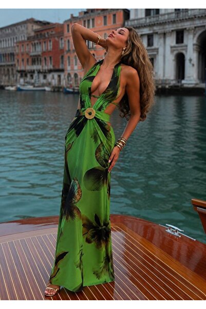 S&A Collectionn Women's Halter Neck Open Back Stony Buckle Floral Maxi Green ...
