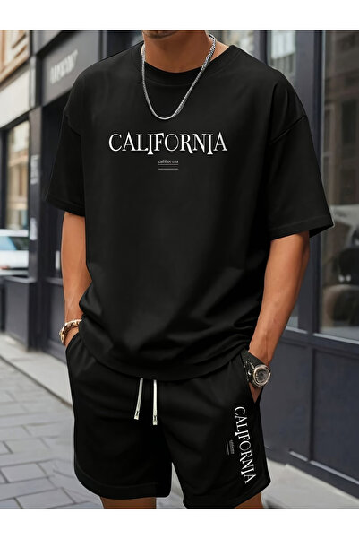 ship master Men's California Letter Print T-Shirt Shorts Set 100% Cotton Stre...