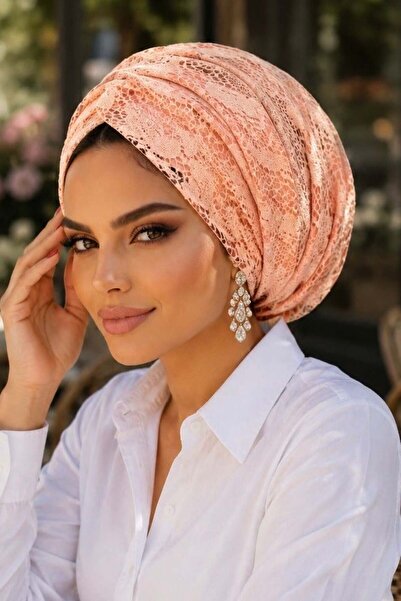 Aişe tesettür Light Salmon Lace Double Layer Draped Gathered Loose Bonnet
