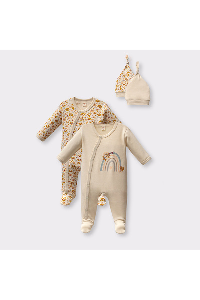 pufien Floral Patterned 2-Piece Jumpsuit Set, Cream with Snap Fasteners and Hat