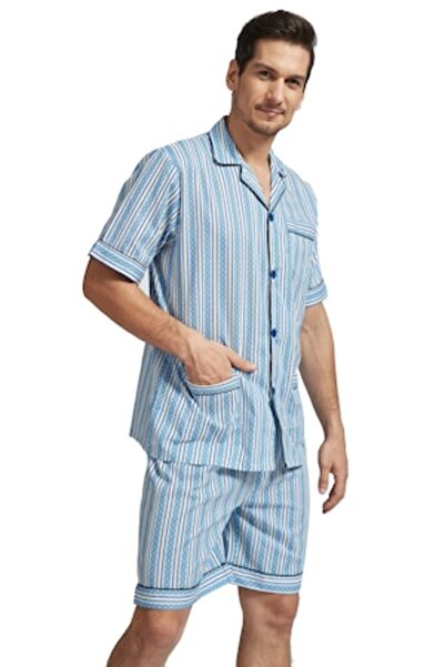 Global Pijama scurtă de bărbați din bumbac, cu mânecă scurtă, model cu dungi ...