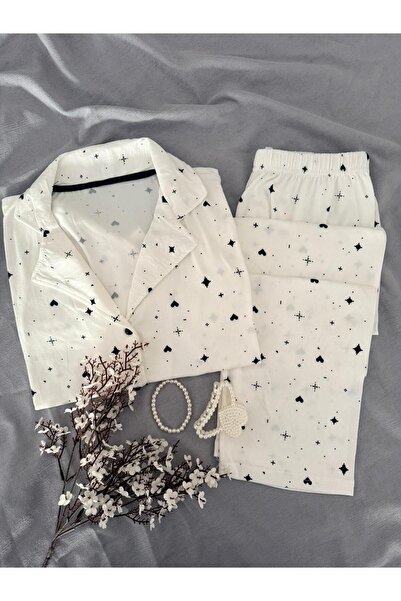 MH Moony Homewears Short Sleeve Black Heart Special Textured Buttoned Pajama Set