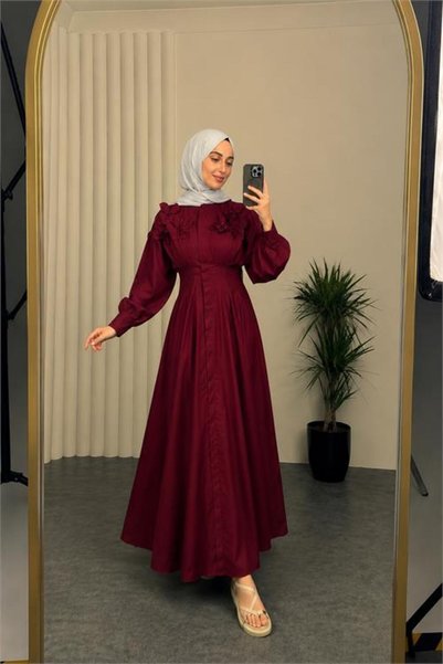 Neşeli Butik فستان نسائي بورجوندي بتفاصيل زهور وحزام خصر، فستان إسلامي فاخر NBVQ4933