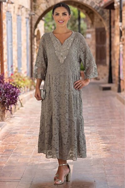 Nevin Kaya Moda Gri Bella İtalyan Dantelli Elbise