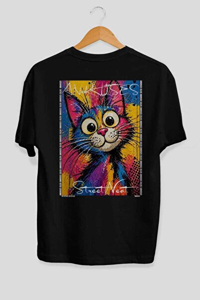 Ankhises 41 Cats for the Sake of Cat Love Printed Black Oversize T-Shirt 100%...