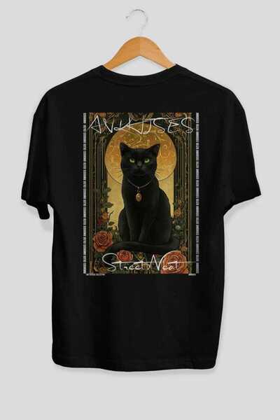 Ankhises 84 Cats for the Sake of Cats Printed Black Oversize T-Shirt 100% Cot...
