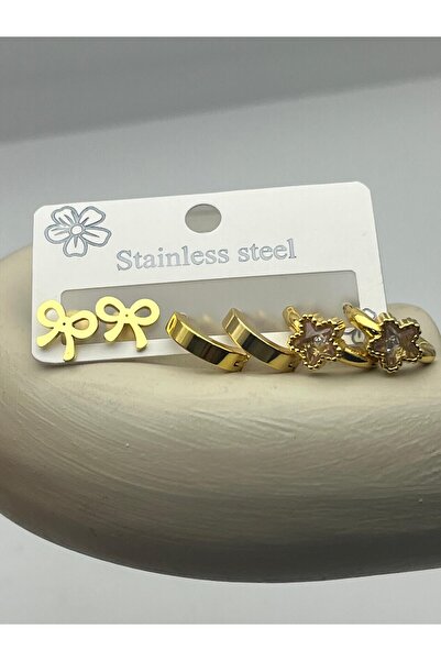 BİJU YILMAZ 26clk67 pink star stone gold steel earring set