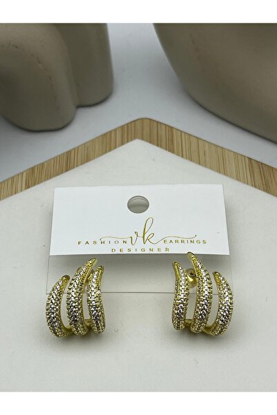 BİJU YILMAZ 26Vipk15 - Vip Three Row Stone Gold Earrings