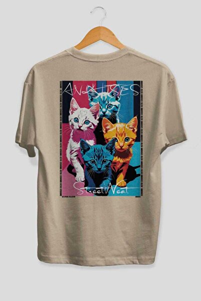 Ankhises Μπλουζάκι  "For the Love of Cats " με στάμπα 15 γατών, μπεζ, oversiz...