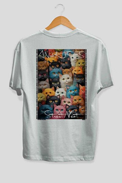 Ankhises For the Sake of Cats 19 Cats Printed White Oversize T-Shirt 100% Cot...