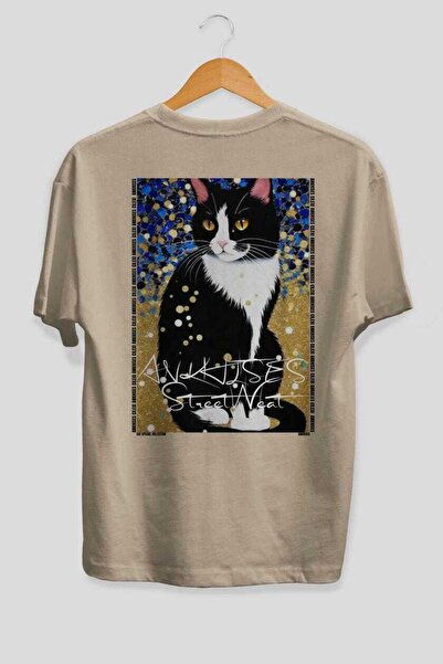 Ankhises For the Love of Cats 94 Cat Printed Beige Oversize T-Shirt 100% Cott...