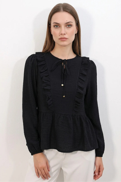 buğrahayalin Women's Round Neck Gathered Waist Ruffled Lace-Up Black Blouse