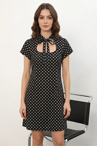Efnaz style Women's Bow Detailed Polka Dot Black Dress