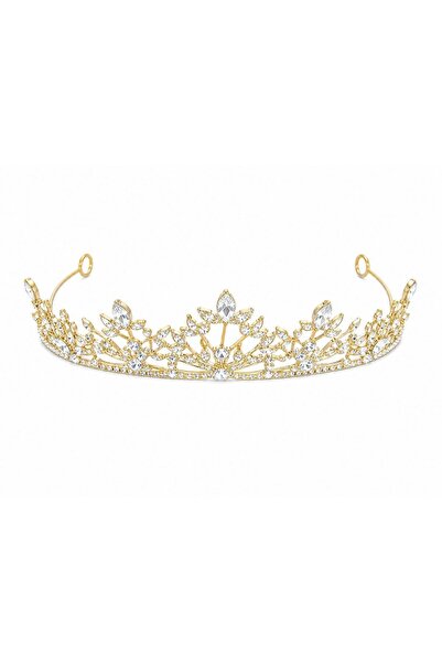 OEM Tiara aurie densa cu cristale marquise si frunze ornate
